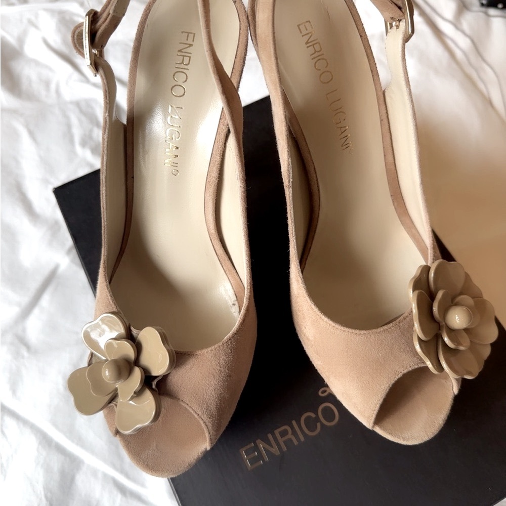 Enrico Lugani Suede Leather Platform Heels Sandals Beige Flower $240 Italy